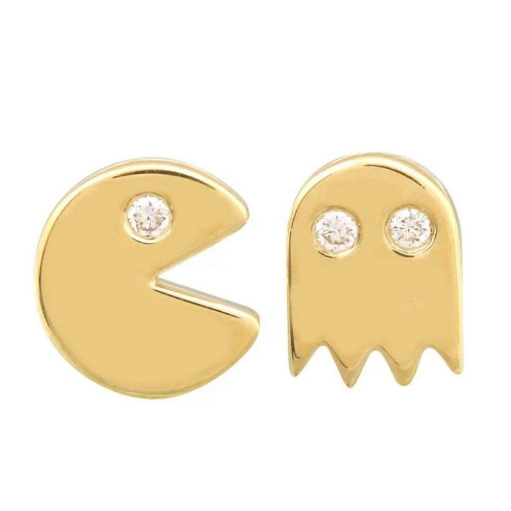 NEW Mismatch 14k‎ Gold Filled Pac-Man Diamond Accent Stud Earrings